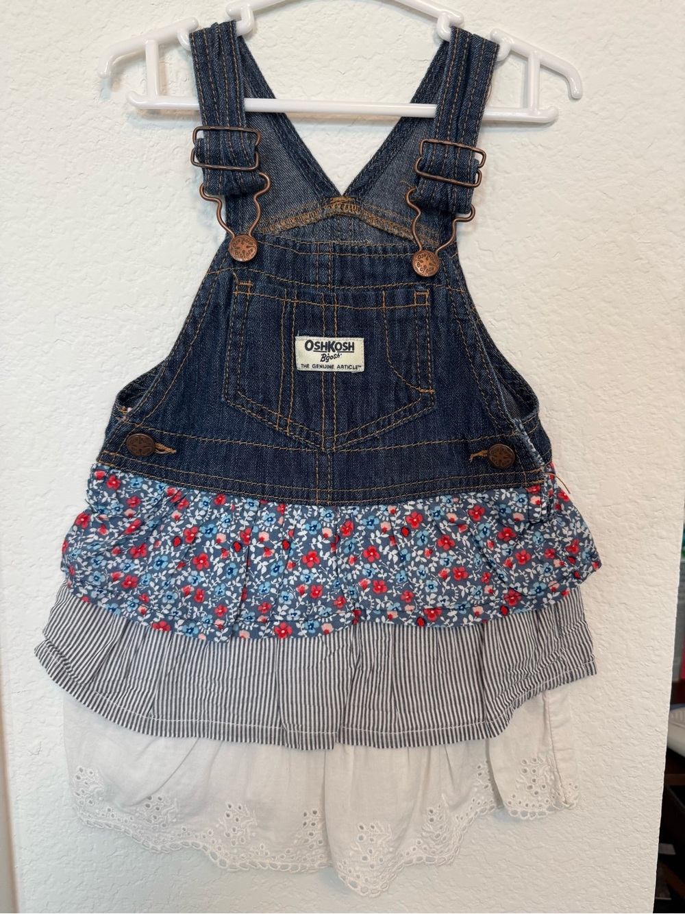 OshKosh B'gosh Denim Overall Dress with Blue Floral and White Eyelet Tiers